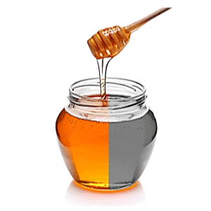 Honey dipper dripping into a jar split into clear amber honey and grey liquid