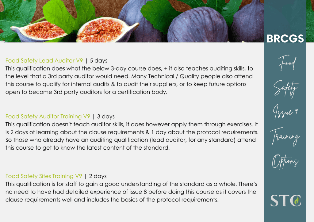 Infographic with figs and text outlining BRCGS Food Safety Issue 9 training options and course lengths