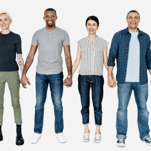 Diverse group of adults standing hand in hand in casual clothes on a white background
