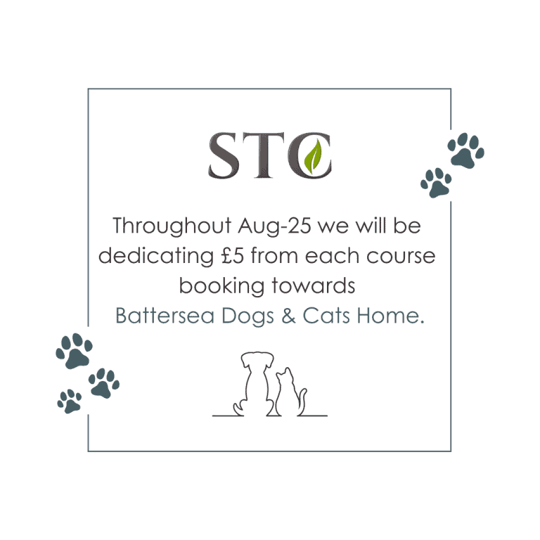 STC graphic saying £5 from each August 2025 course booking goes to Battersea Dogs and Cats Home
