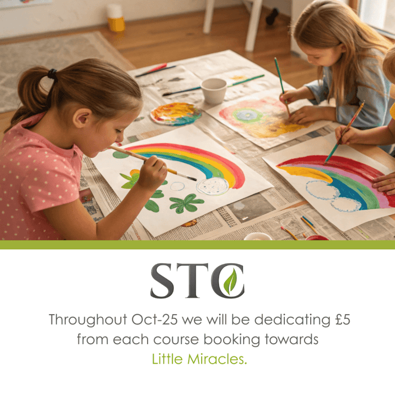 Children painting colourful rainbow pictures at a table with STC donation message for Little Miracles