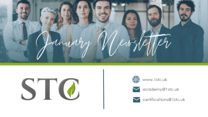 January newsletter banner with STC logo and team portraits above website email and certifications details