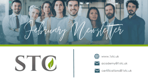 Group of office staff with February Newsletter text and LSTC logo with website and email contacts