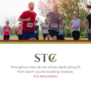 Charity fun run participants wearing numbered bibs with STC ALS Association donation message below