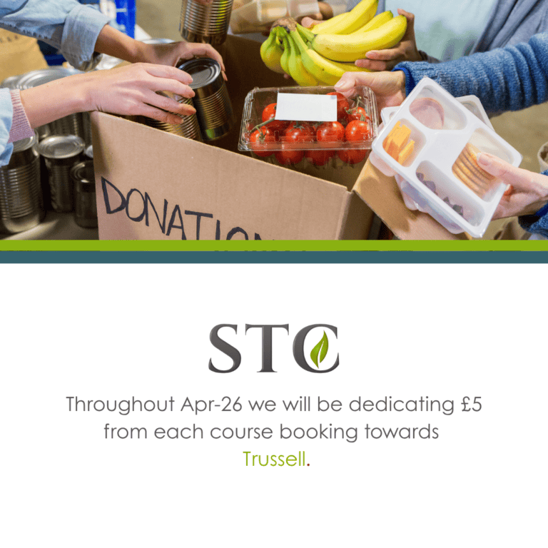 Hands placing tinned food bananas tomatoes and snacks into a donation box for Trussell