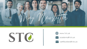 May newsletter banner with business team photo STC logo website and contact email addresses