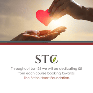 Hands placing a red heart shape above open palms with STC support message for the British Heart Foundation