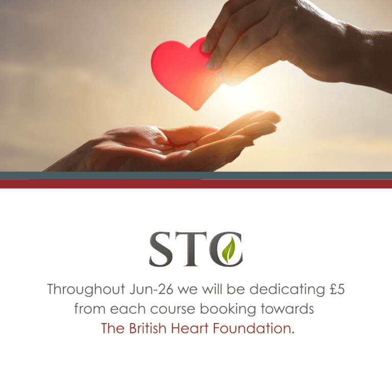 Hands placing a red heart shape above open palms with STC support message for the British Heart Foundation