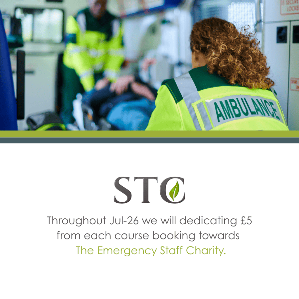 Ambulance staff treating a patient with STC message about donating £5 per course booking to The Emergency Staff Charity
