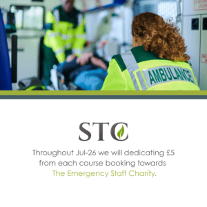 Ambulance staff treating a patient with STC message about donating £5 per course booking to The Emergency Staff Charity