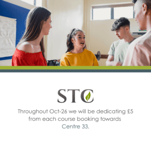 Four young people talking in a bright room above STC text about donations to Centre 33